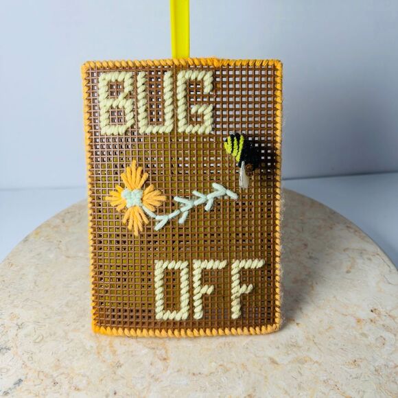 Plastic Canvas Fly Swatter Cover Handmade "Bug Off" Fly Insect VTG Needlepoint‎ - Picture 2 of 6
